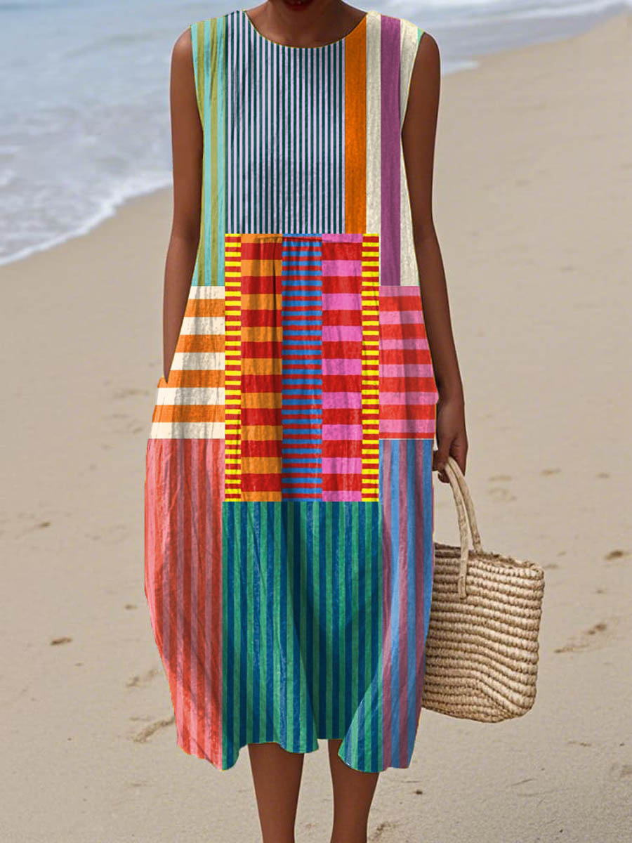 Women's Abstract Geometric Pattern Art Print Sleeveless Cotton Pocket Wrap Dress
