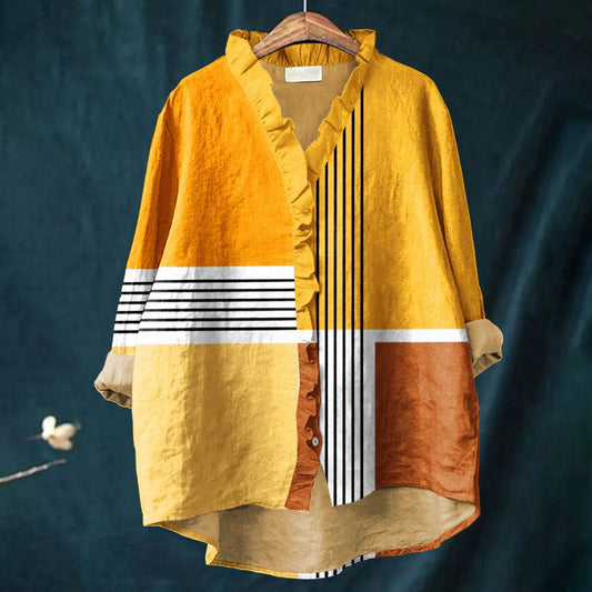 Women's Vintage Abstract Geometric Lines Art Print Casual Cotton And Linen Ruffle Shirt