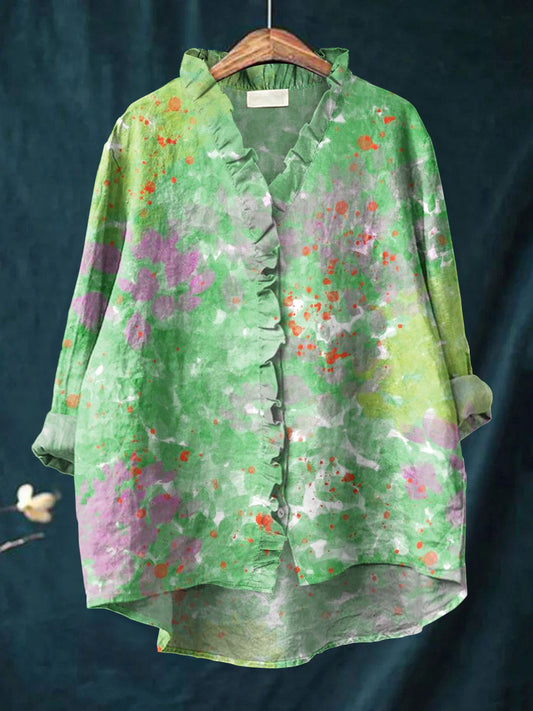 Women's Vintage Gradient Art Print Casual Cotton And Linen Ruffle Shirt