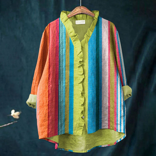 Women's Vintage Abstract Geometric Lines Art Print Casual Cotton And Linen Ruffle Shirt
