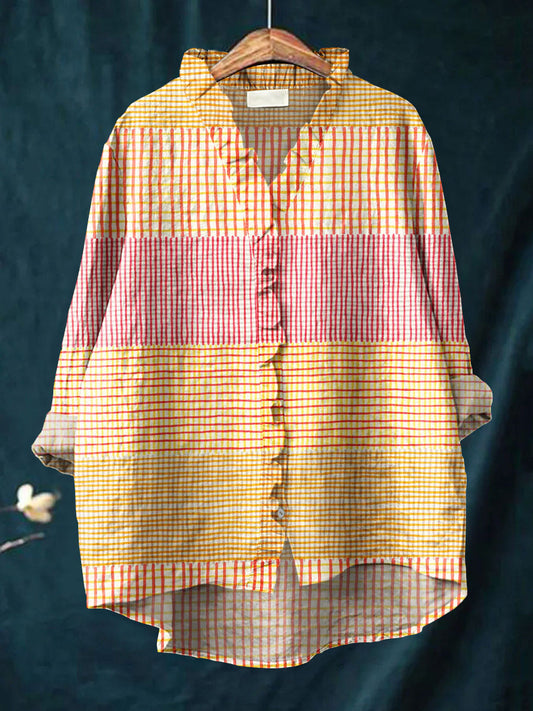 Women's Vintage Abstract Geometric Line Color Block Art Print Casual Cotton And Linen Ruffle Shirt