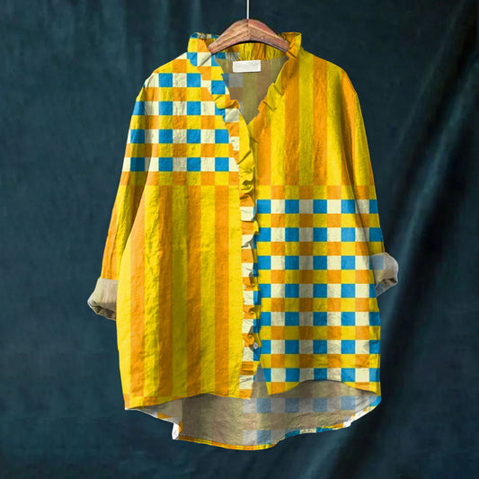 Women's Vintage Abstract Geometry Art Print Casual Cotton And Linen Ruffle Shirt