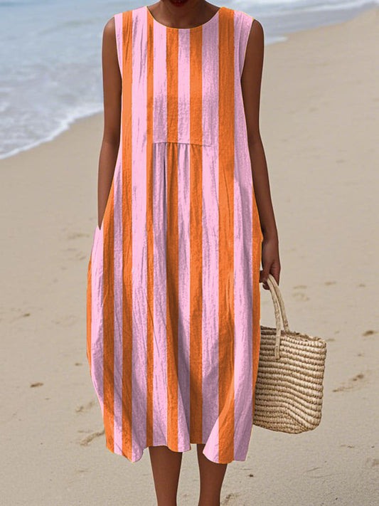 Women's Vintage Art Colour Lines Print Sleeveless Cotton Pocket Wrap Dress