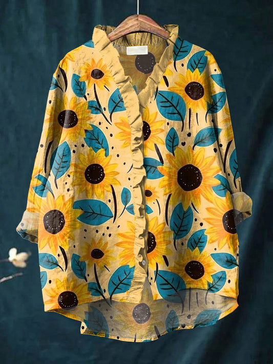 Women's Lovely Sunflowers Art Print Casual Cotton And Linen Ruffle Shirt