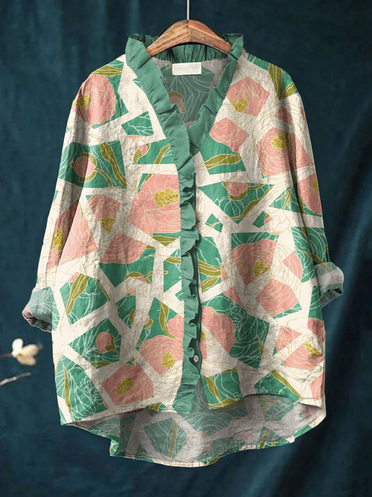 Women's Vintage Floral Art Print Casual Cotton And Linen Ruffle Shirt